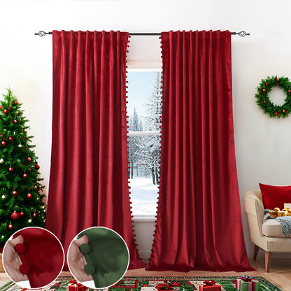 Rideaux de Noël en velours avec pompons 2 pièces rouge ou vert
