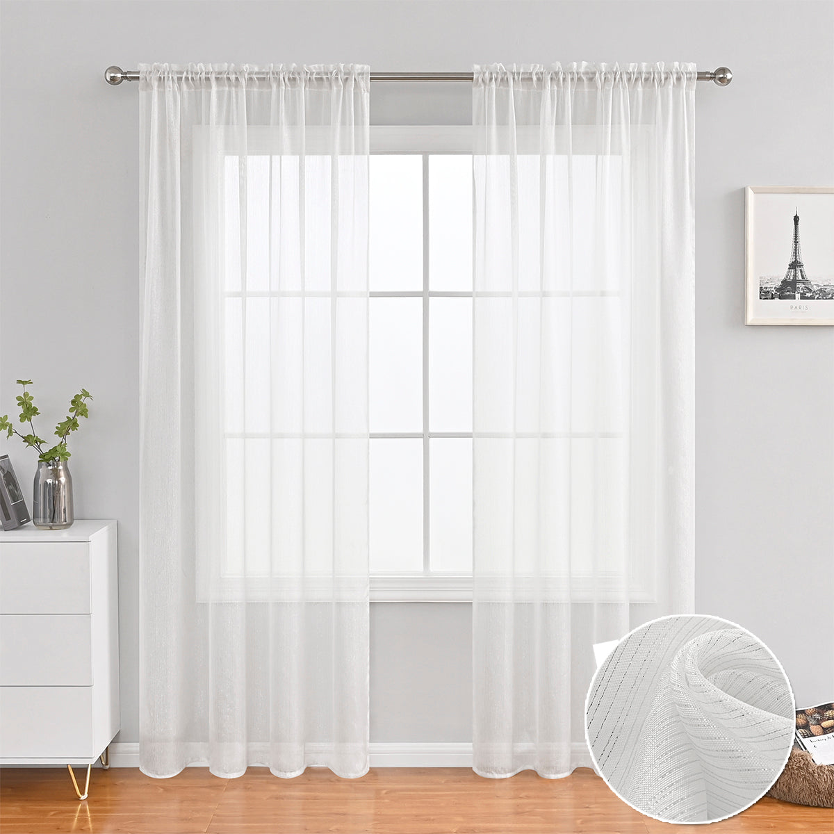 Rideaux transparents scintillants Silver Lines, 1 panneau, blanc, 100*130cm/100*200cm/100*250cm/140*260cm