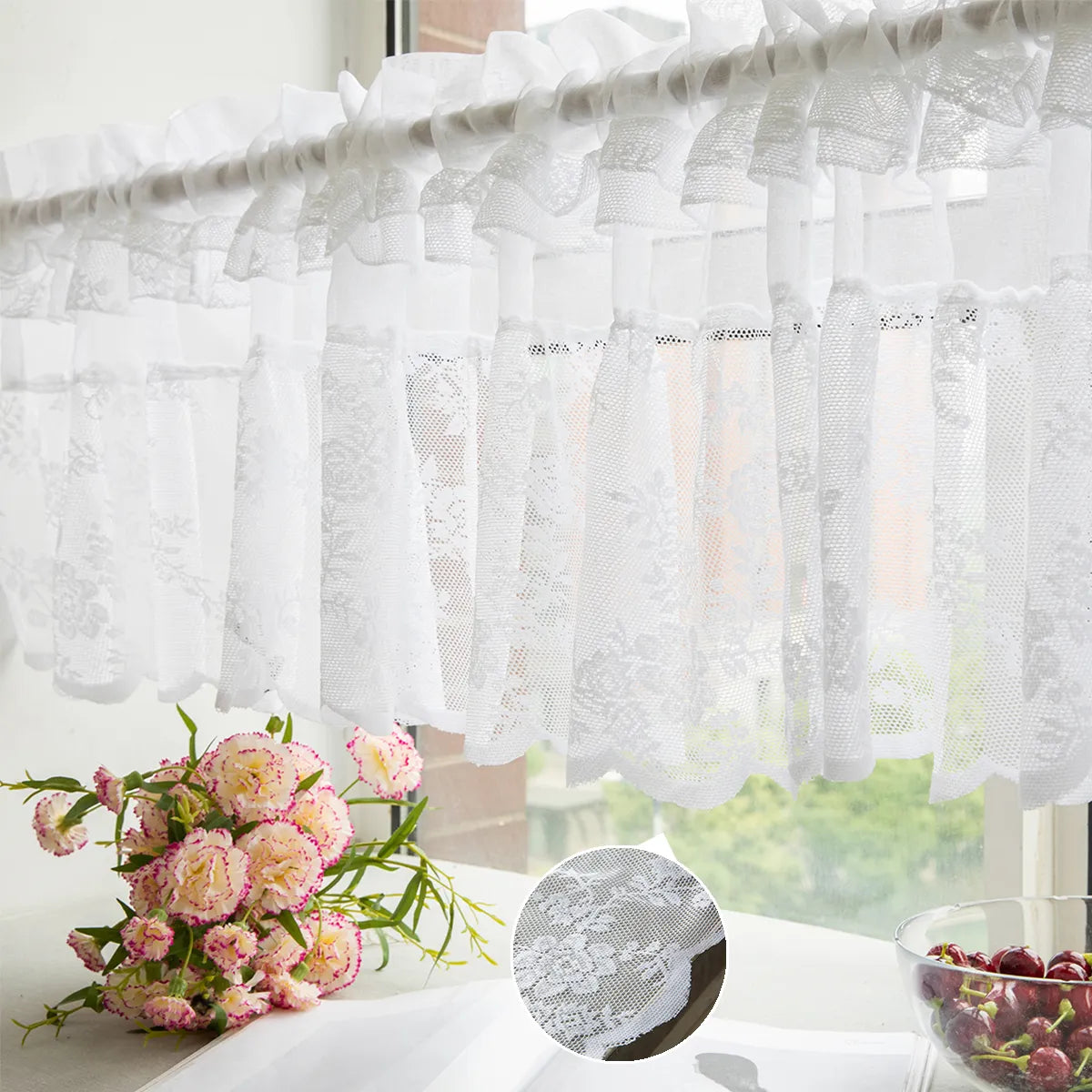 1 Panel Floral Lace Window Short Tier Curtains