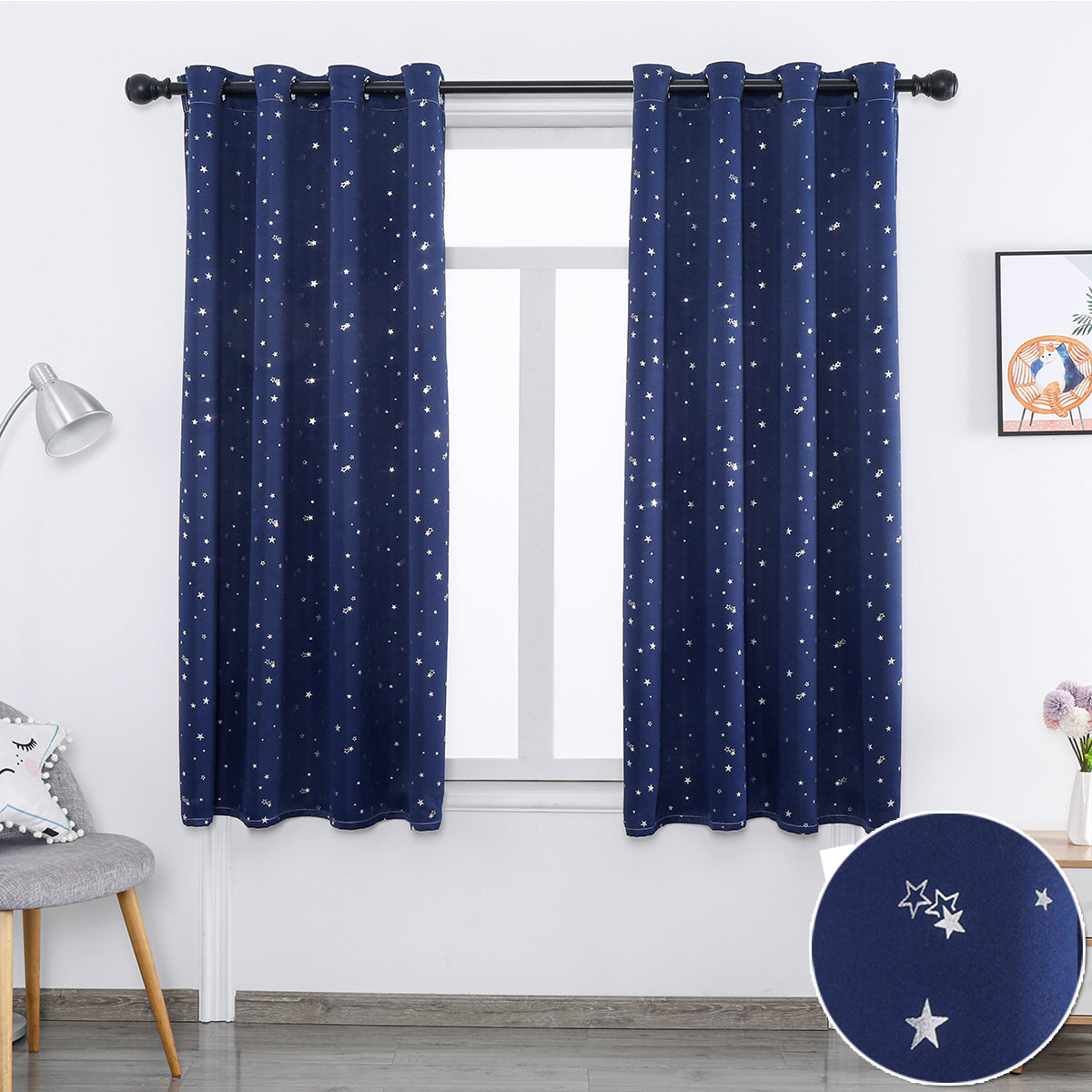 Rideaux étoiles estampés argent, 1 panneau, bleu marine, 132*114cm/132*160cm/132*213cm/132*243cm