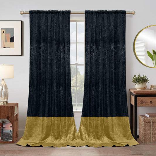 Rideaux en velours de luxe avec motif à blocs de couleurs · Noir et or