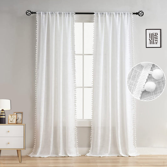 1 Panel White Pompom Semi-Sheer Sheer Curtains