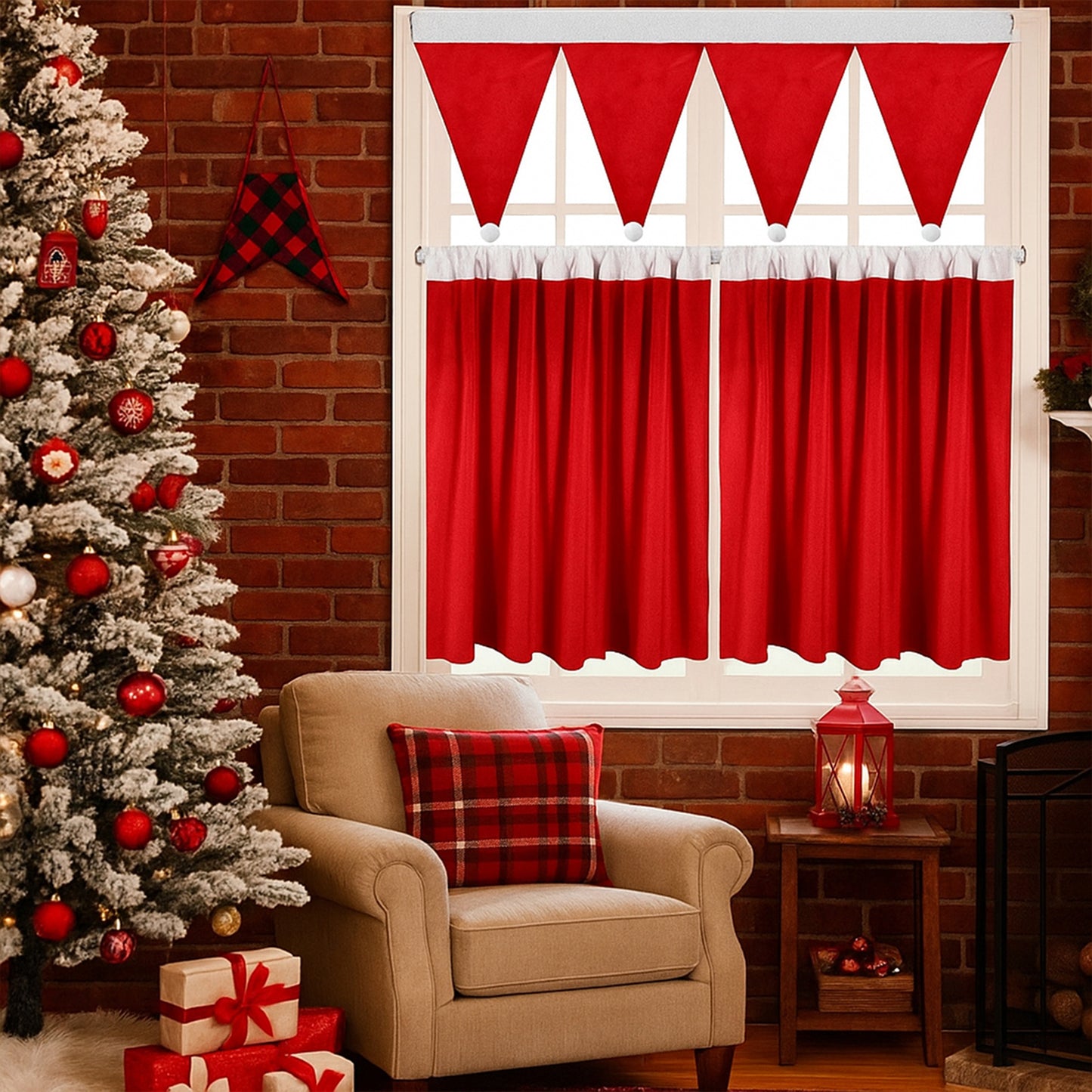 Weihnachtliches 3er-Set Kurzgardinen mit Pompoms – Rote Dekogardinen für Küche und Wohnzimmer