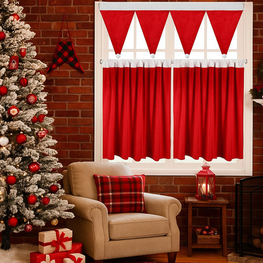 Weihnachtliches 3er-Set Kurzgardinen mit Pompoms – Rote Dekogardinen für Küche und Wohnzimmer