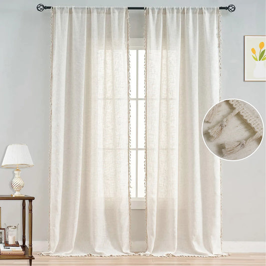 1 Panel Boho Cream Vintage Tassel Sheer Curtains