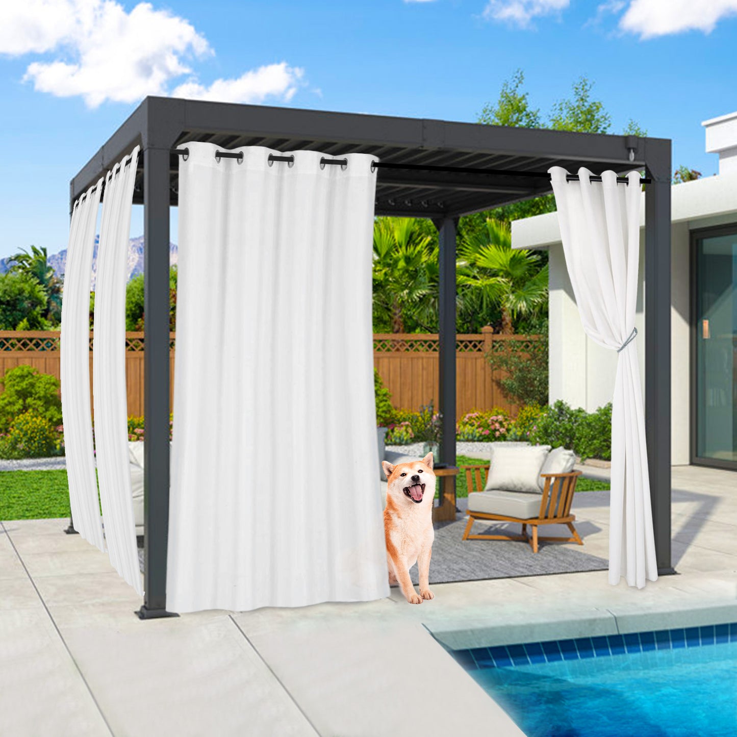 Semi-transparent, water-repellent outdoor curtain with eyelets for patio and balcony