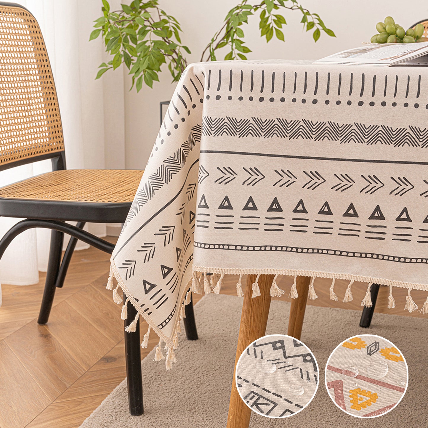 Boho tablecloth with tassels, waterproof, cotton linen, geometric pattern