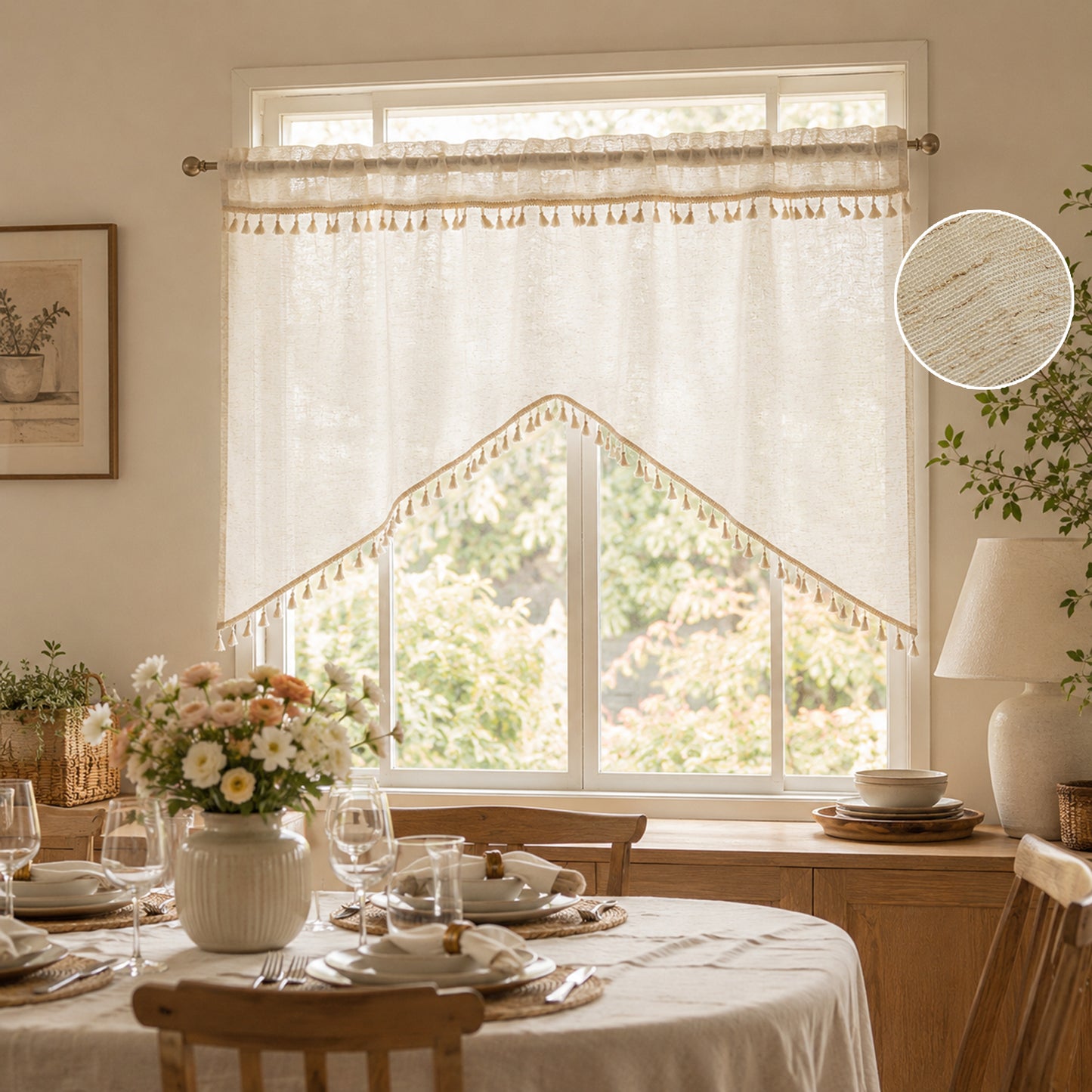 Arched cafe curtain in a linen blend with tassels in a country style