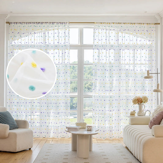 1 Panel Boho Rainbow Pom Pom Sheer Curtains Decor