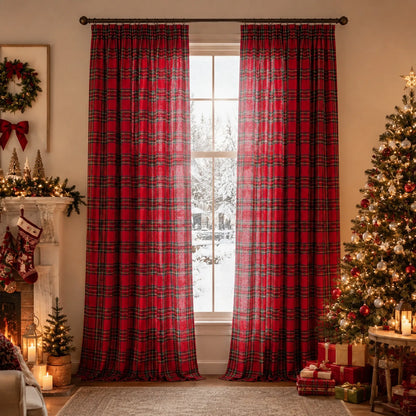 2 rideaux de Noël à carreaux tartan, semi-transparents et avec bande multifonctionnelle