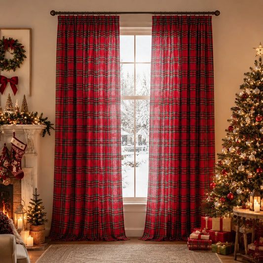 2 Christmas Curtains with Tartan Plaid, Semi-Sheer and Multifunctional Tape Heading