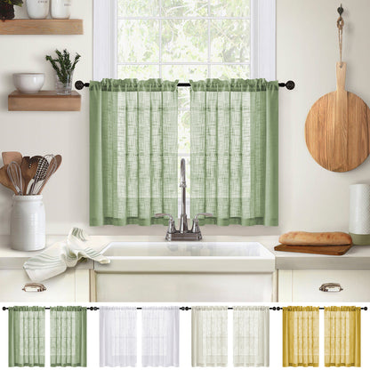 2 Short Linen-Look Sheer Curtains with Rod Pocket for Kitchen Bathroom Window
