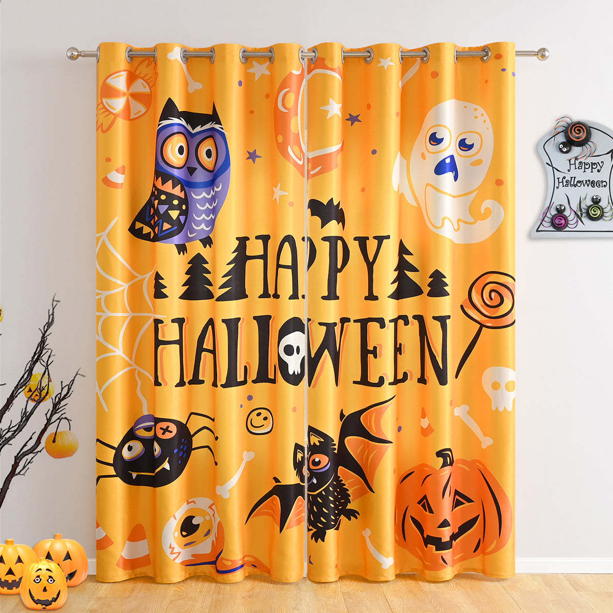 Rideaux Joyeux Halloween, 2 panneaux, orange, 132x214cm