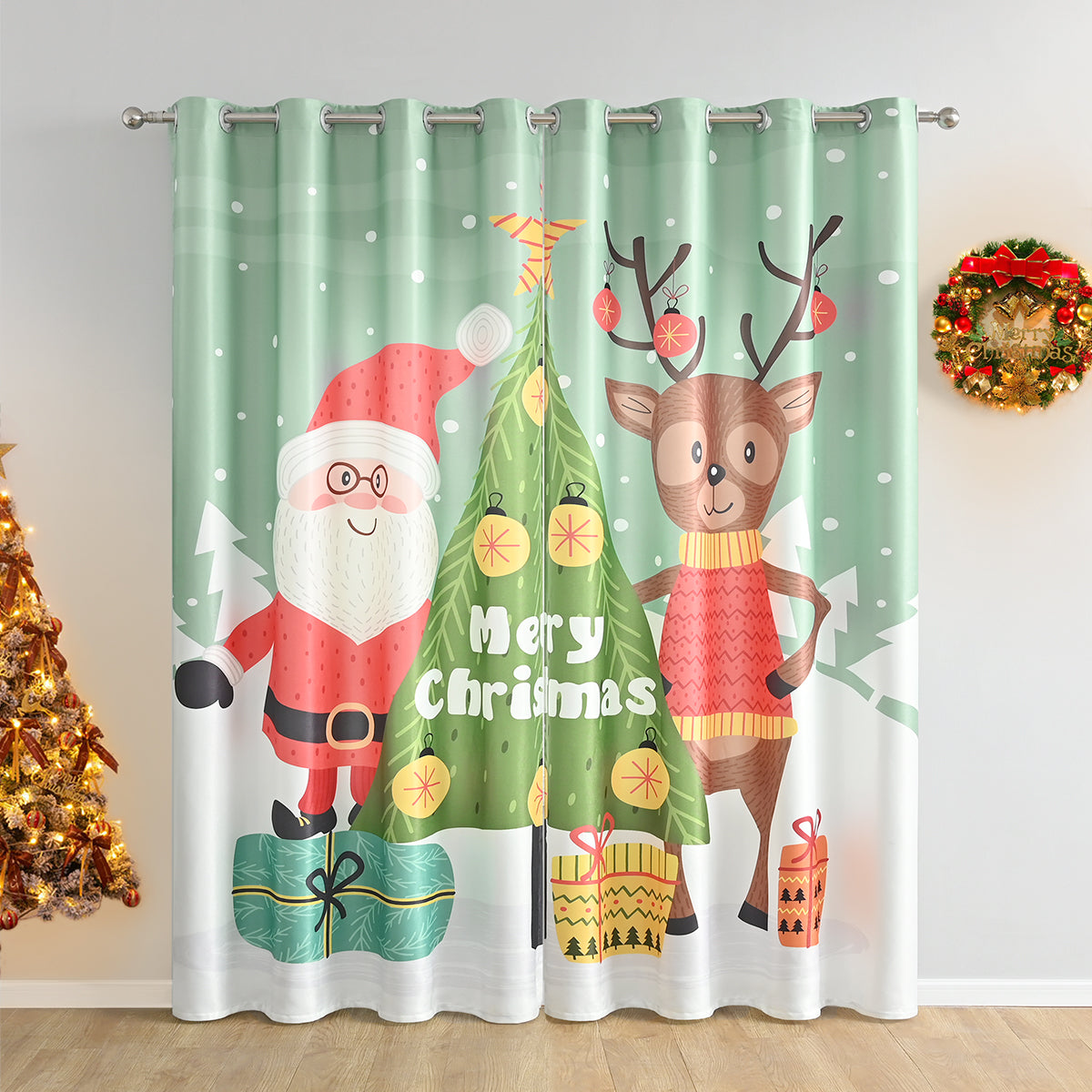 Rideaux de Noël Père Noël, 2 panneaux, vert, 132 x 214 cm