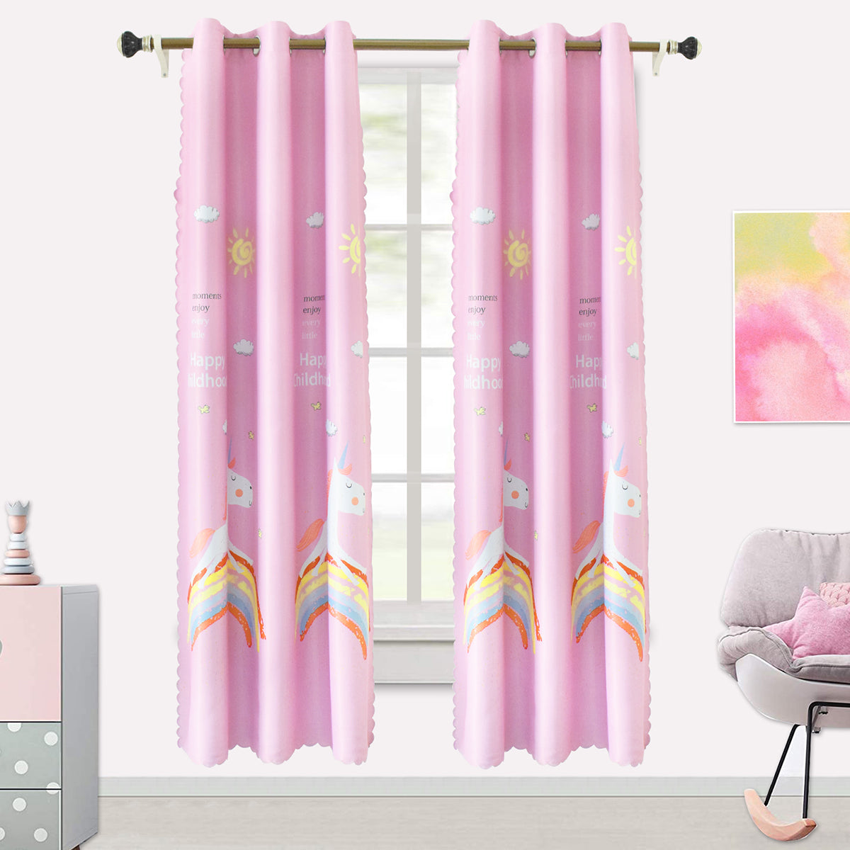 Unicorn Cartoon Curtains, 1 Panel, Pink, 110*130cm/110*160cm/110*190cm