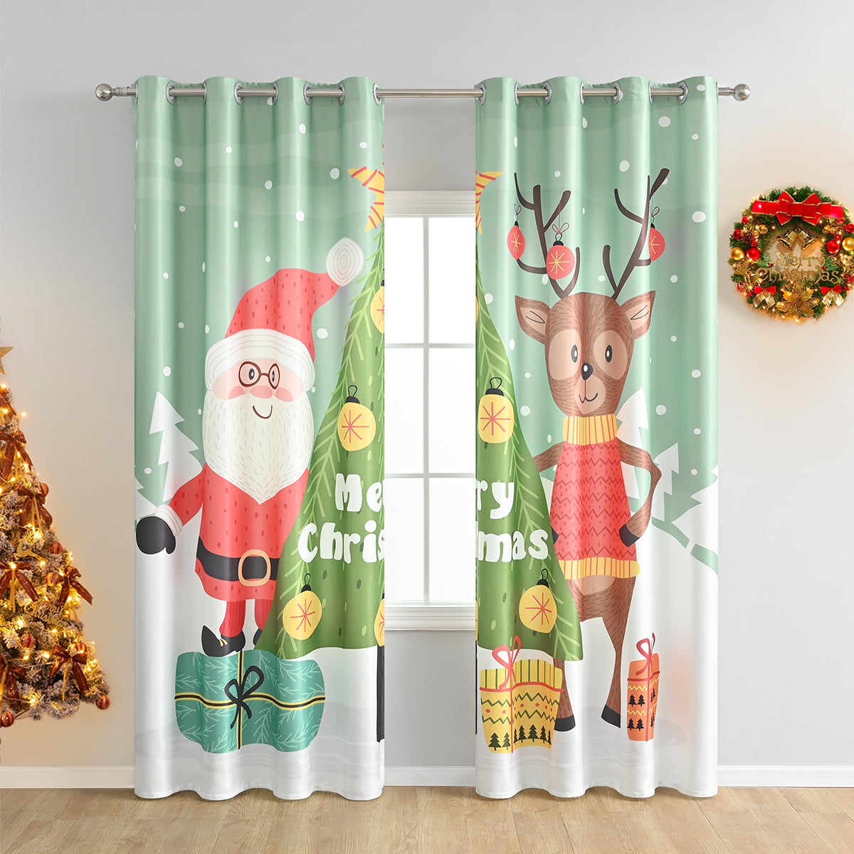Rideaux de Noël Père Noël, 2 panneaux, vert, 132 x 214 cm