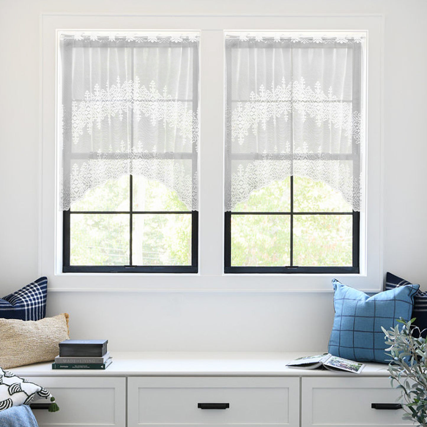 Floral Lace Door Short Curtains, 1 Panel, White, 105x100cm/155x100cm