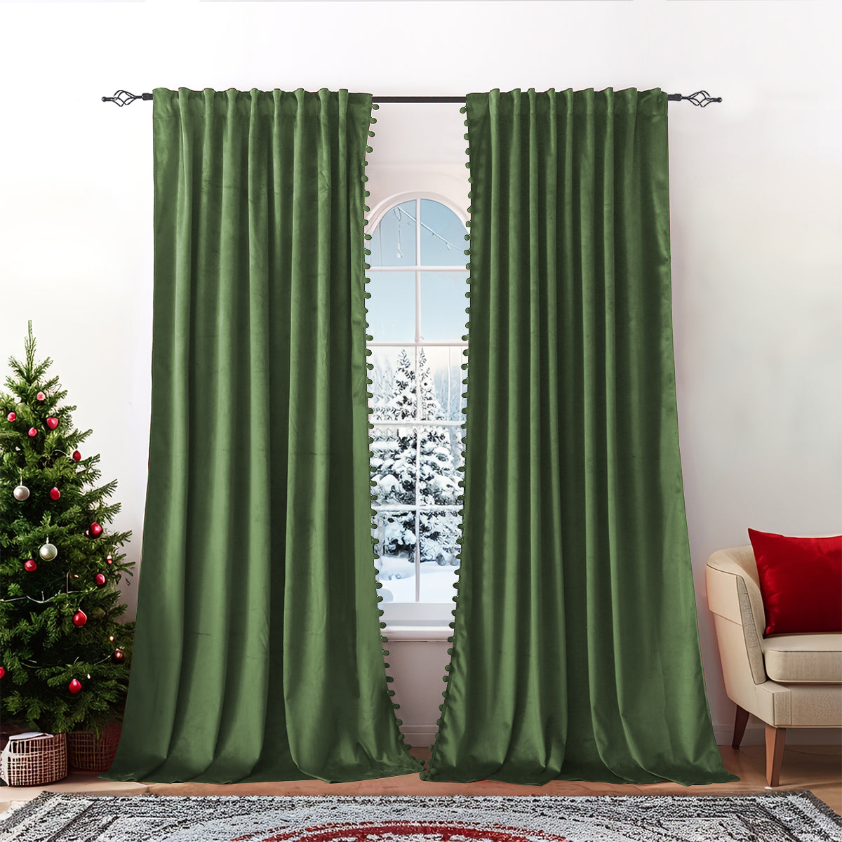 Rideaux de Noël en velours avec pompons 2 pièces rouge ou vert