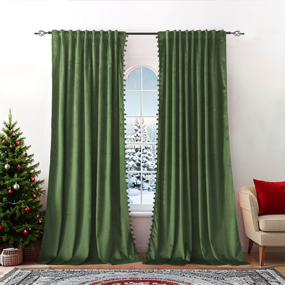 Rideaux de Noël en velours avec pompons 2 pièces rouge ou vert