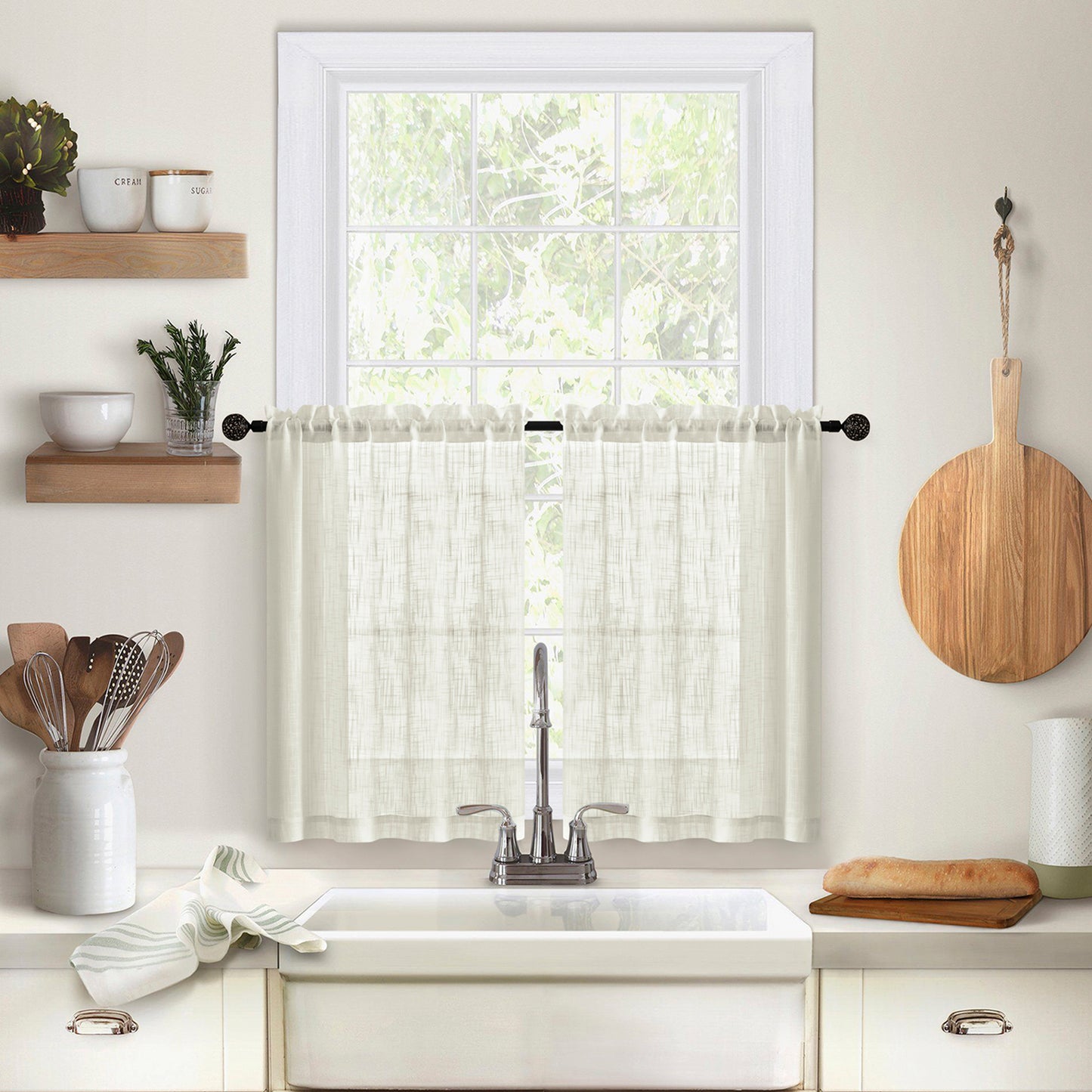 2 Short Linen-Look Sheer Curtains with Rod Pocket for Kitchen Bathroom Window
