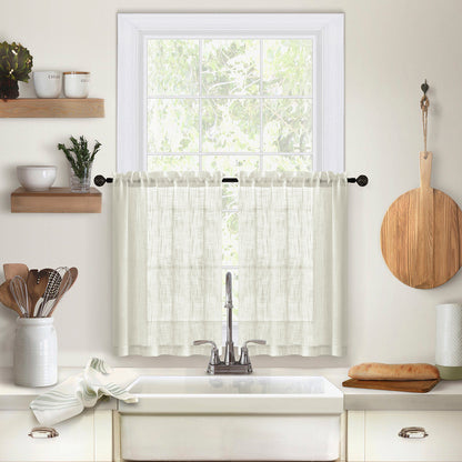 2 Short Linen-Look Sheer Curtains with Rod Pocket for Kitchen Bathroom Window