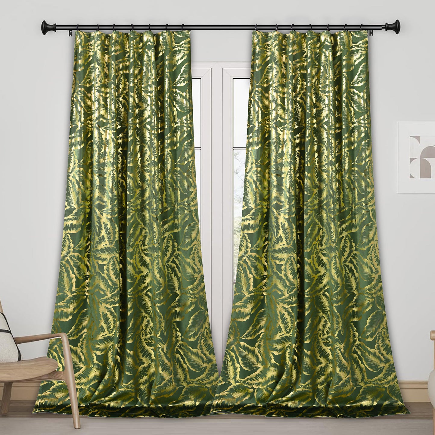 Rideaux de Noël en velours avec feuille d'or · Occultants · Rouge/Vert · 2 pièces