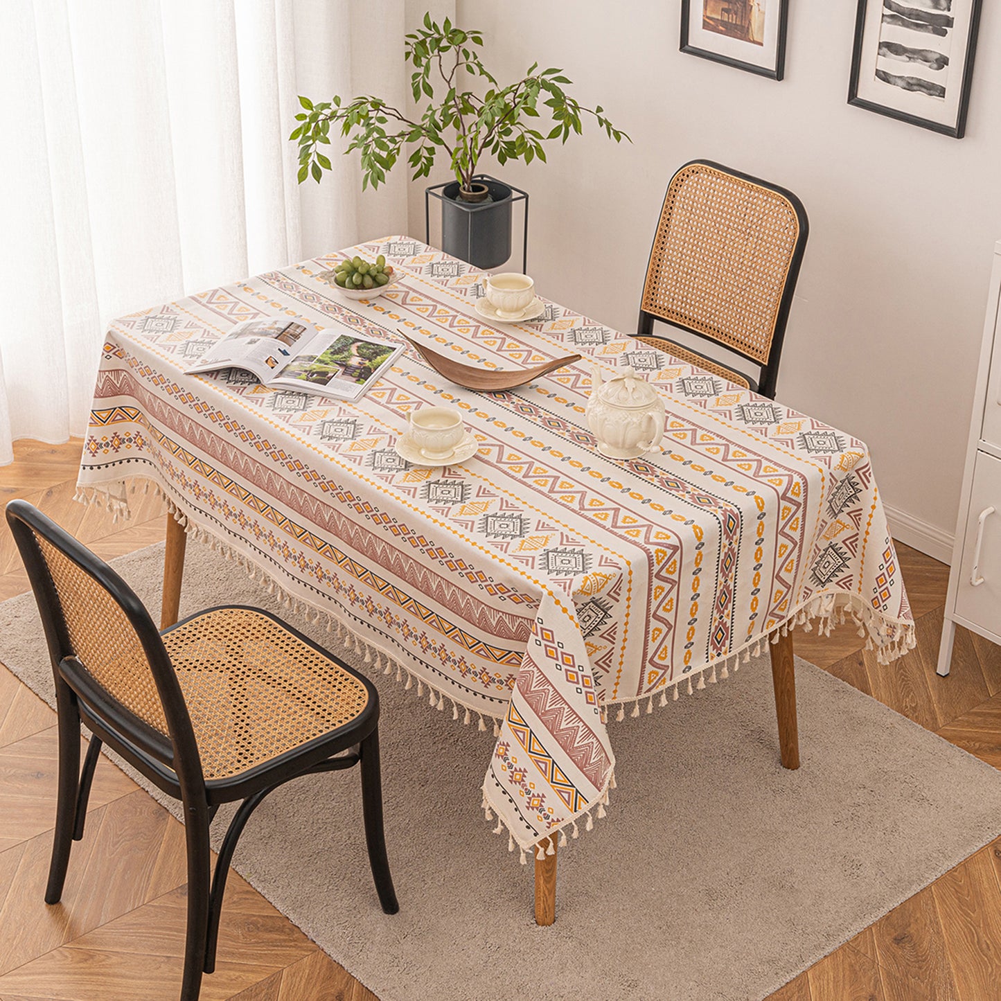 Boho tablecloth with tassels, waterproof, cotton linen, geometric pattern