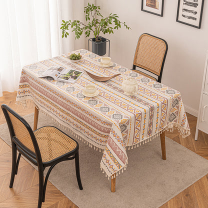 Boho tablecloth with tassels, waterproof, cotton linen, geometric pattern