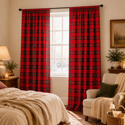 2 rideaux de Noël à carreaux tartan, semi-transparents et avec bande multifonctionnelle