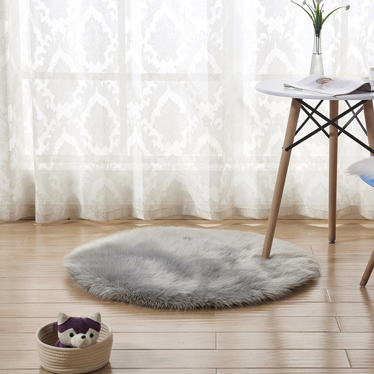 Round Shaggy Rug, Faux Fur, Long Pile, Fluffy Rug