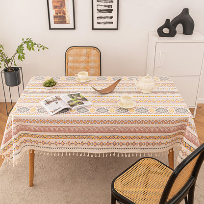 Boho tablecloth with tassels, waterproof, cotton linen, geometric pattern
