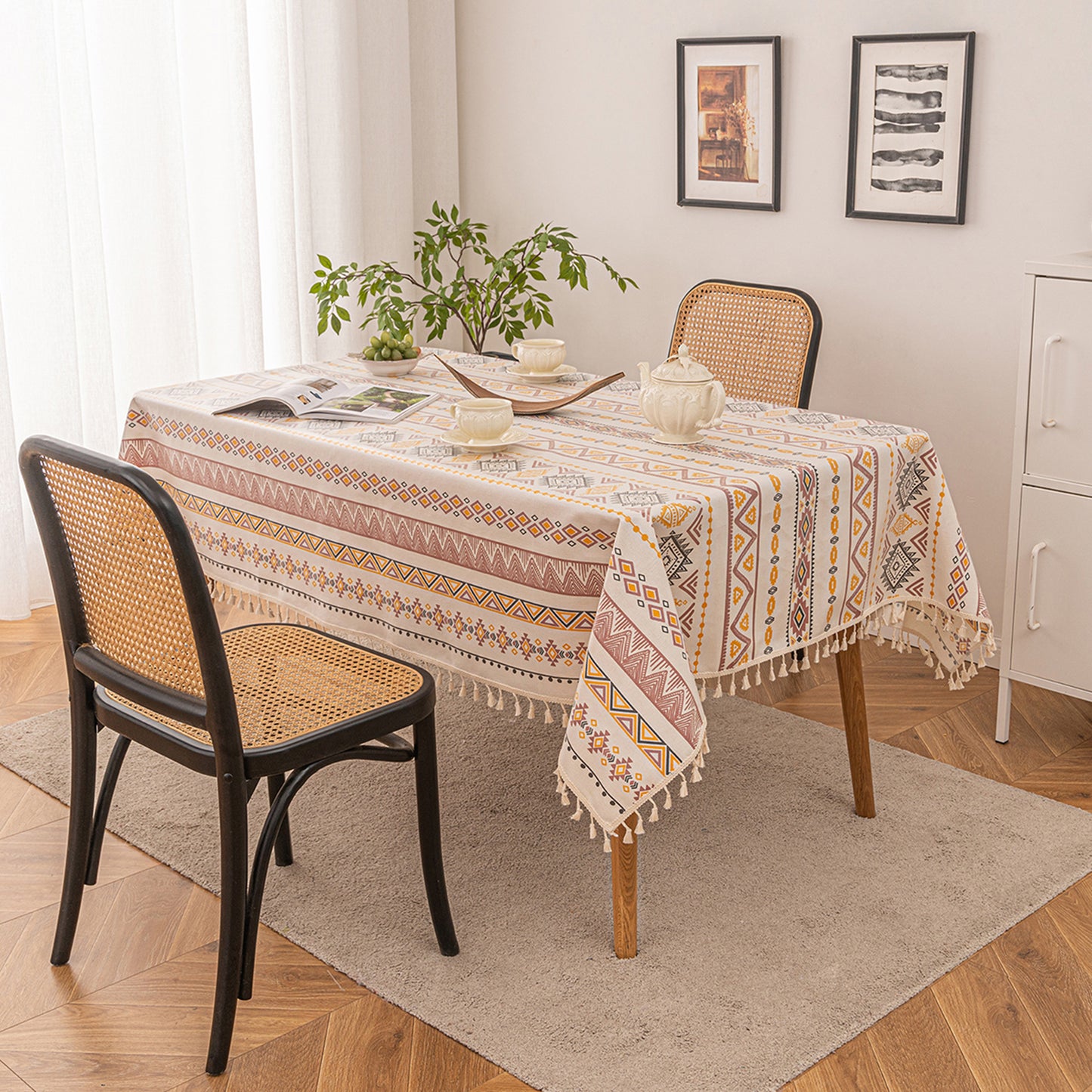 Boho tablecloth with tassels, waterproof, cotton linen, geometric pattern