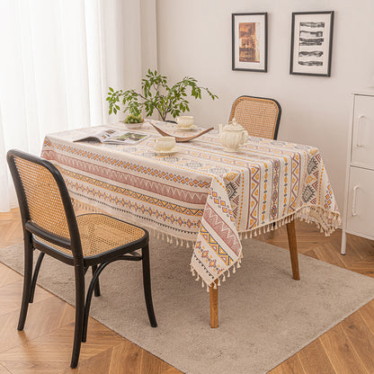 Boho tablecloth with tassels, waterproof, cotton linen, geometric pattern