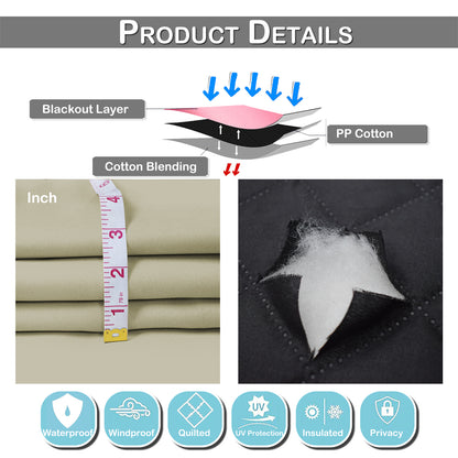 Outdoor Curtain – Waterproof, Windproof and Quilted, 100% Blackout, 1/2 Panel