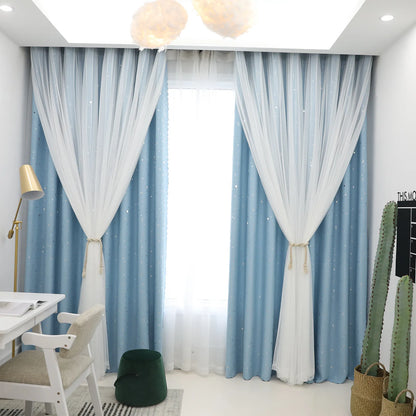 Blackout curtain with double-layered tulle, cut-out stars and silver print – 1 piece