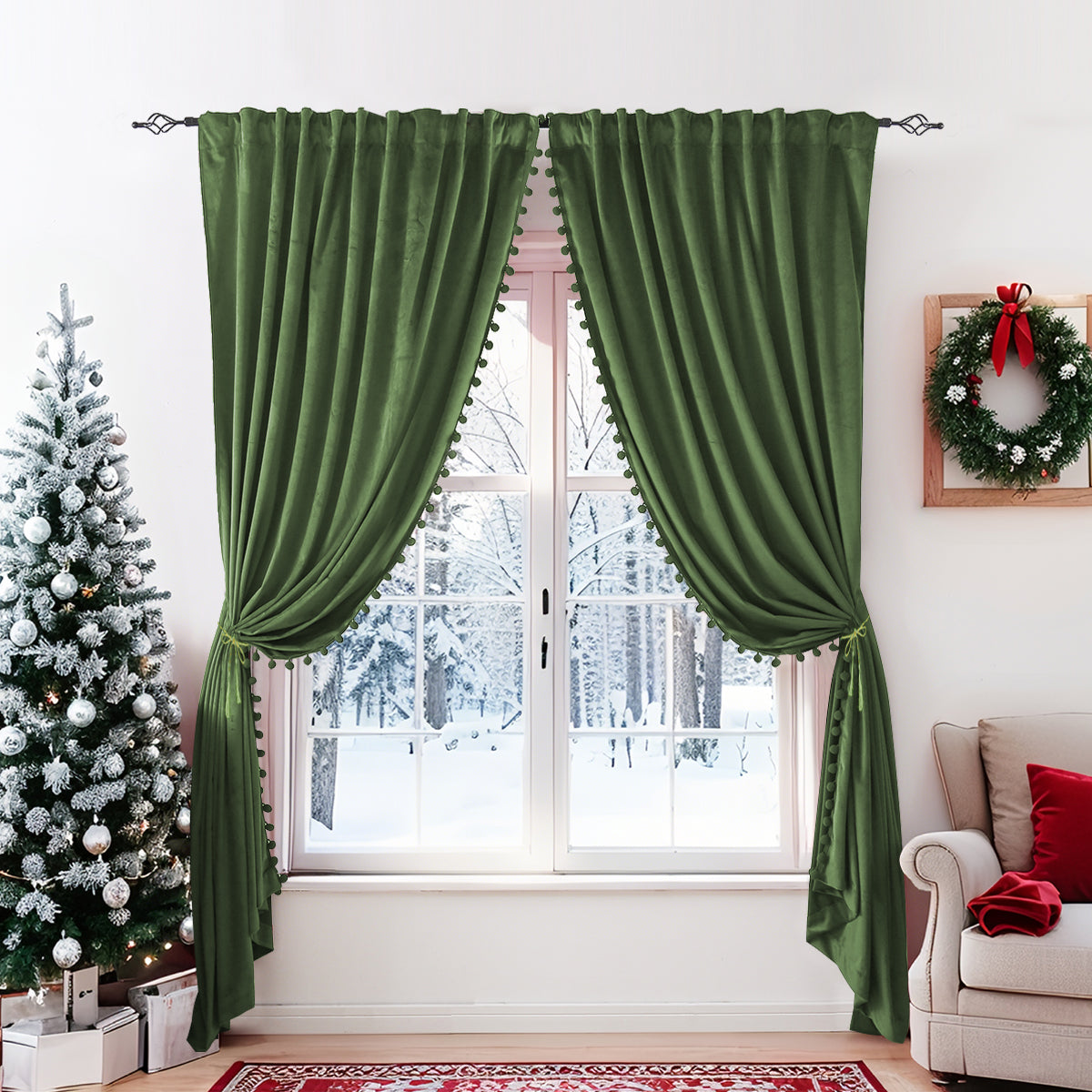 Rideaux de Noël en velours avec pompons 2 pièces rouge ou vert