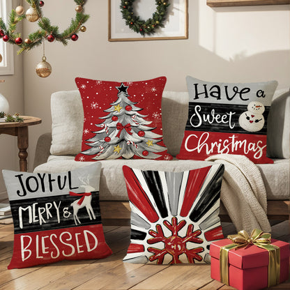 4er-Set Weihnachts-Kissenbezüge aus Leinen – Softe Dekokissen für Sofa und Bett (45×45 cm)
