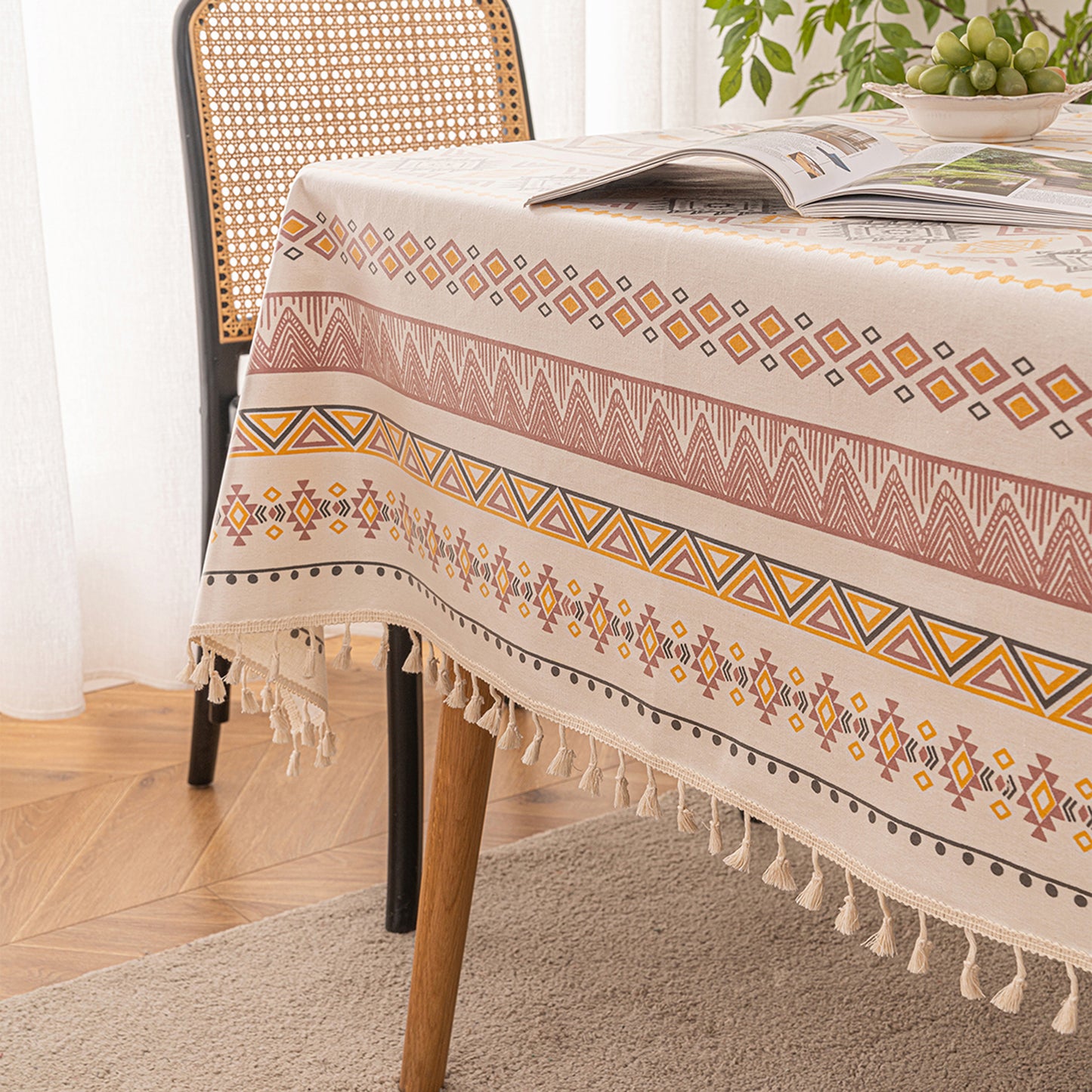 Boho tablecloth with tassels, waterproof, cotton linen, geometric pattern