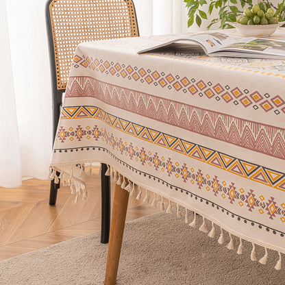 Boho tablecloth with tassels, waterproof, cotton linen, geometric pattern