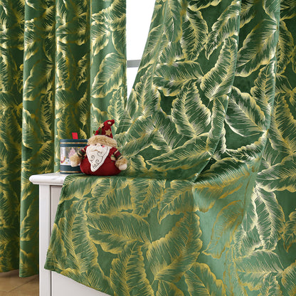Rideaux de Noël en velours avec feuille d'or · Occultants · Rouge/Vert · 2 pièces