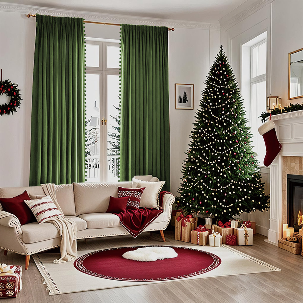 Rideaux de Noël en velours avec pompons 2 pièces rouge ou vert