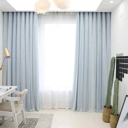 Blackout curtain with double-layered tulle, cut-out stars and silver print – 1 piece