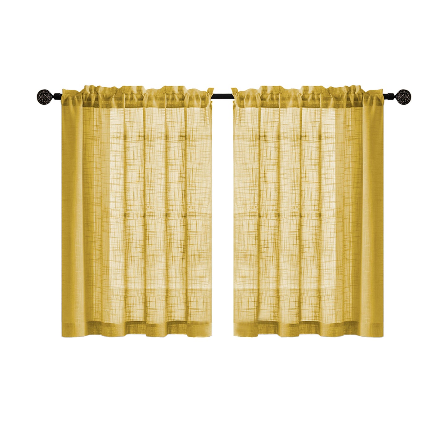 2 Short Linen-Look Sheer Curtains with Rod Pocket for Kitchen Bathroom Window