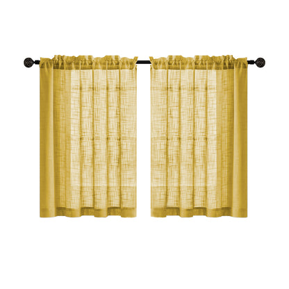 2 Short Linen-Look Sheer Curtains with Rod Pocket for Kitchen Bathroom Window