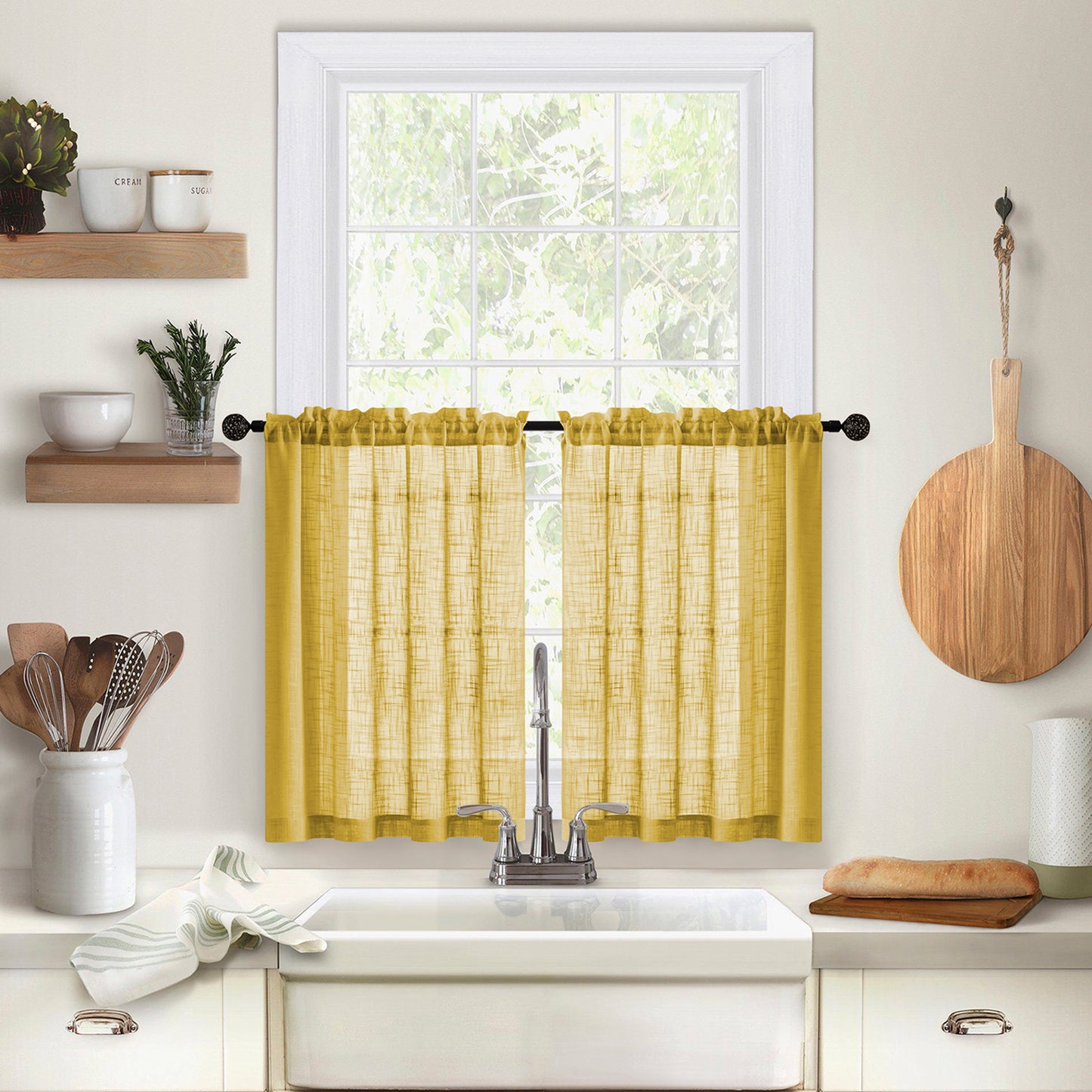 2 Short Linen-Look Sheer Curtains with Rod Pocket for Kitchen Bathroom Window