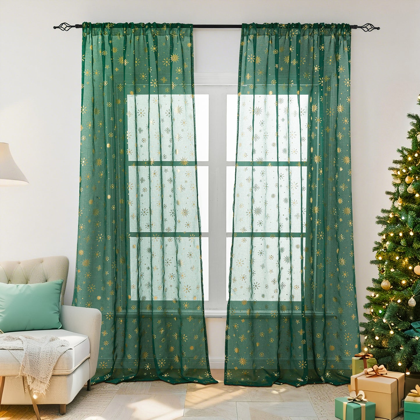 Rideau de Noël Flocons de neige Feuille d'or Lot de 2 rideaux transparents