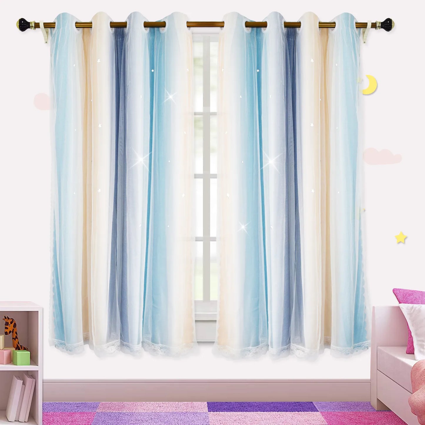 Blackout curtain with tulle and ombre stars – double layered, 1 piece