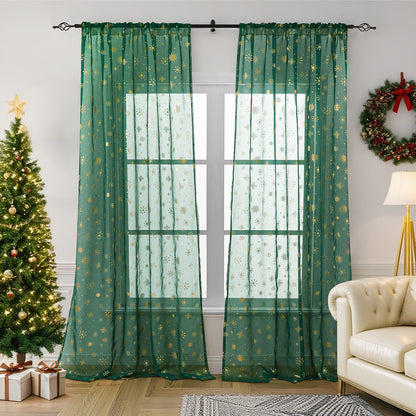 Weihnachtsvorhang Schneeflocken Goldfolie 2er Set Transparente Gardine