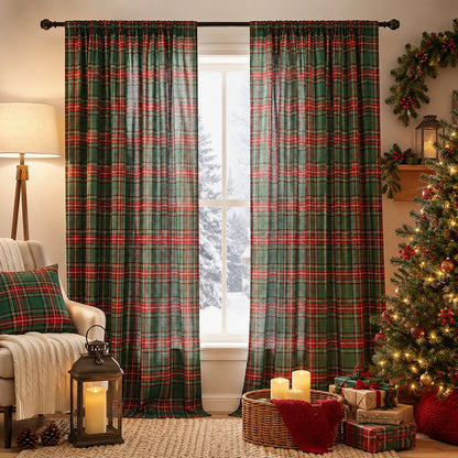 2 rideaux de Noël à carreaux tartan, semi-transparents et avec bande multifonctionnelle