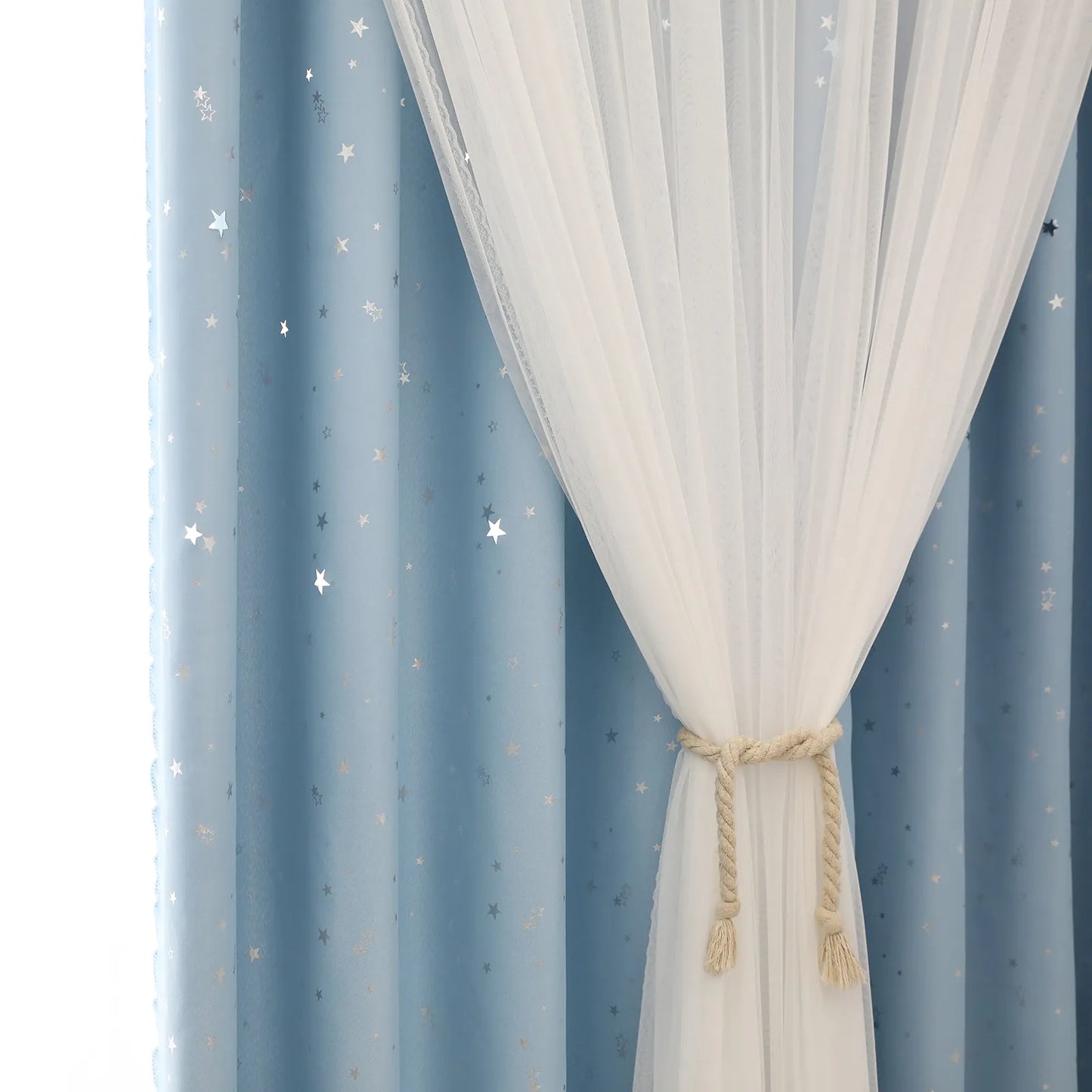 Blackout curtain with double-layered tulle, cut-out stars and silver print – 1 piece